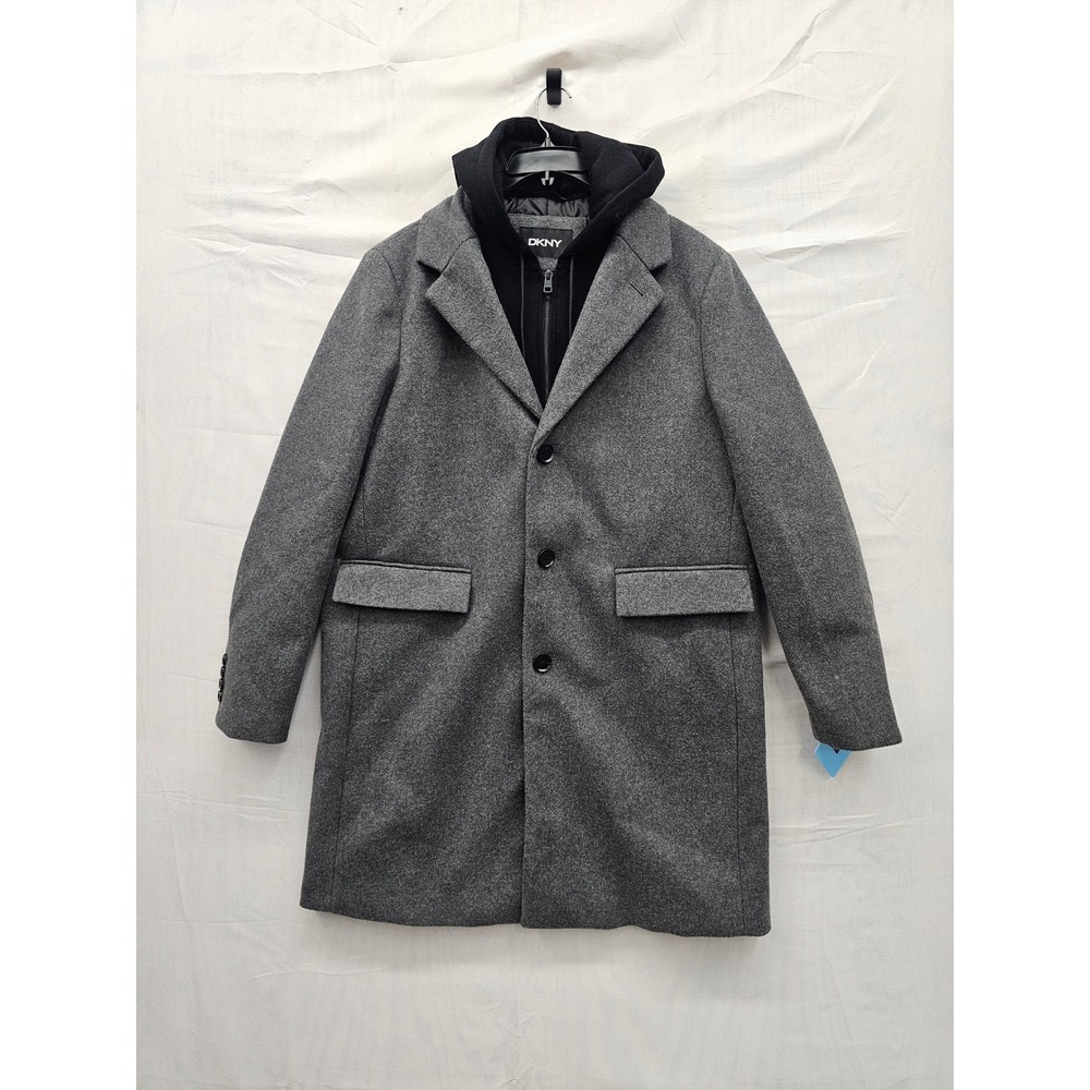 DKNY Mens Hooded Overcoat Grey Polyester Blend Casual Size Large